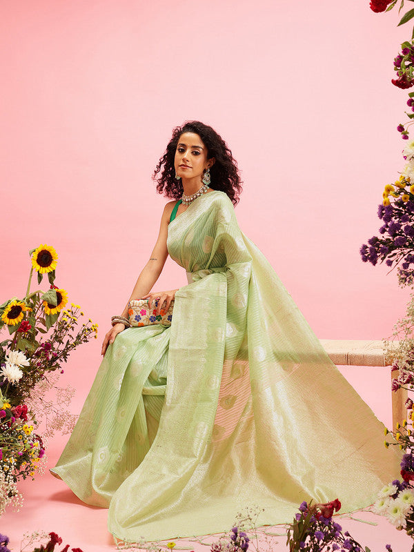 Green Linen Woven Thread Floral Saree with Unstitched Blouse - Hiral Fashion | Swadesiicart