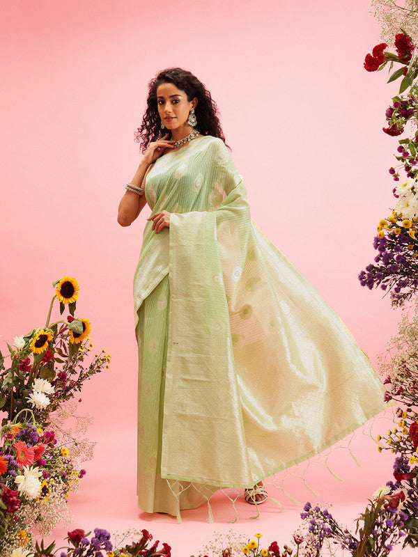 Green Linen Woven Thread Floral Saree with Unstitched Blouse - Hiral Fashion | Swadesiicart