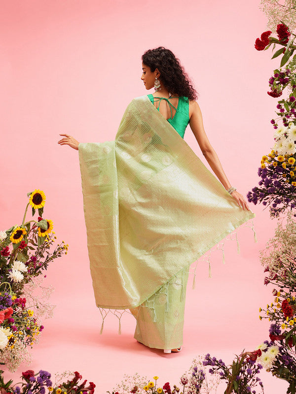 Green Linen Woven Thread Floral Saree with Unstitched Blouse - Hiral Fashion | Swadesiicart