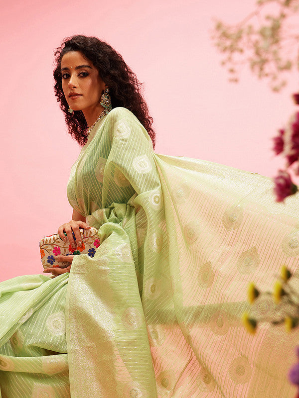Green Linen Woven Thread Floral Saree with Unstitched Blouse - Hiral Fashion | Swadesiicart