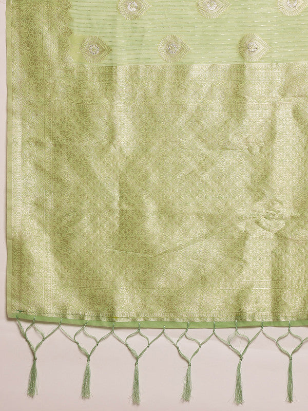 Green Linen Woven Thread Floral Saree with Unstitched Blouse - Hiral Fashion | Swadesiicart