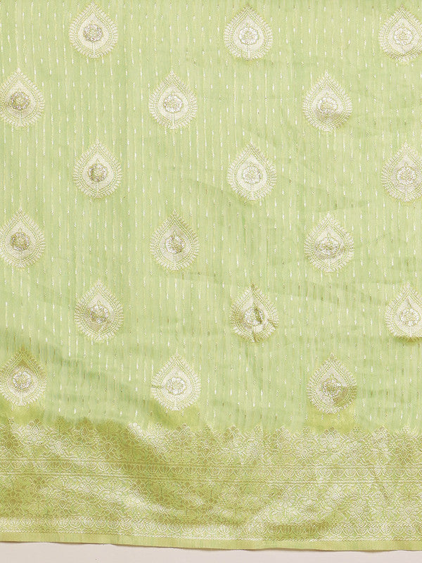 Green Linen Woven Thread Floral Saree with Unstitched Blouse - Hiral Fashion | Swadesiicart