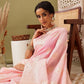 Light Pink Linen Woven Thread Floral Saree with Unstitched Blouse - Hiral Fashion | Swadesiicart