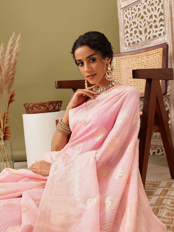 Light Pink Linen Woven Thread Floral Saree with Unstitched Blouse - Hiral Fashion | Swadesiicart
