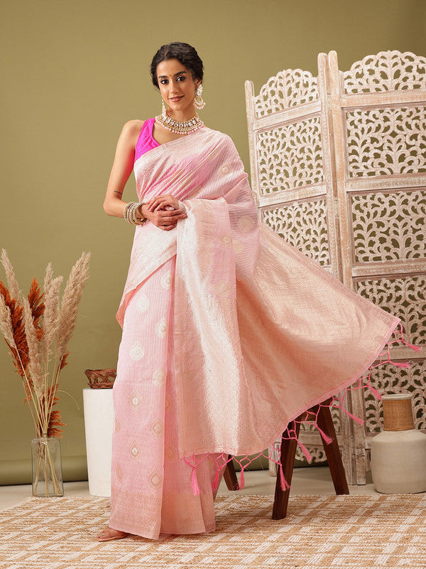 Light Pink Linen Woven Thread Floral Saree with Unstitched Blouse - Hiral Fashion | Swadesiicart