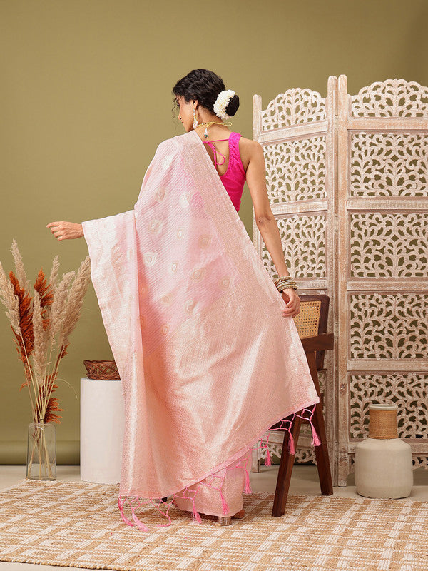 Light Pink Linen Woven Thread Floral Saree with Unstitched Blouse - Hiral Fashion | Swadesiicart
