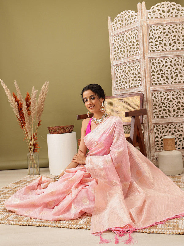 Light Pink Linen Woven Thread Floral Saree with Unstitched Blouse - Hiral Fashion | Swadesiicart