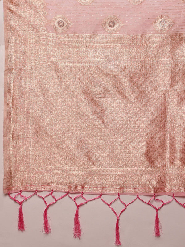 Light Pink Linen Woven Thread Floral Saree with Unstitched Blouse - Hiral Fashion | Swadesiicart
