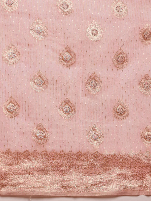 Light Pink Linen Woven Thread Floral Saree with Unstitched Blouse - Hiral Fashion | Swadesiicart