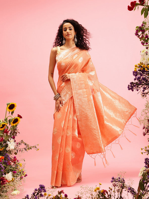 Peach Linen Woven Thread Floral Saree with Unstitched Blouse - Hiral Fashion | Swadesiicart