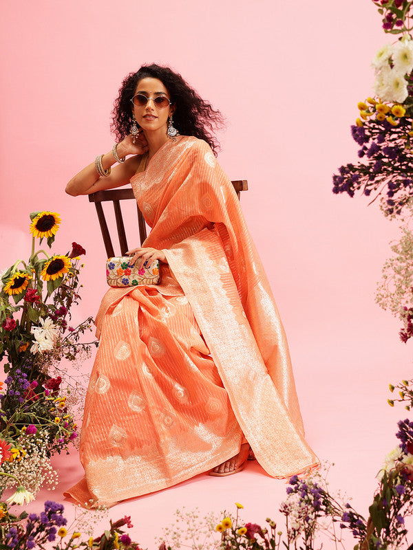 Peach Linen Woven Thread Floral Saree with Unstitched Blouse - Hiral Fashion | Swadesiicart