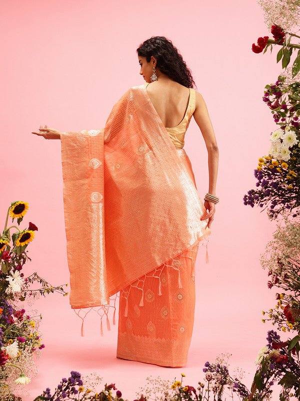 Peach Linen Woven Thread Floral Saree with Unstitched Blouse - Hiral Fashion | Swadesiicart