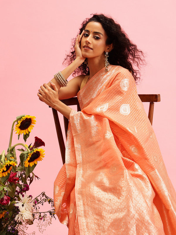 Peach Linen Woven Thread Floral Saree with Unstitched Blouse - Hiral Fashion | Swadesiicart