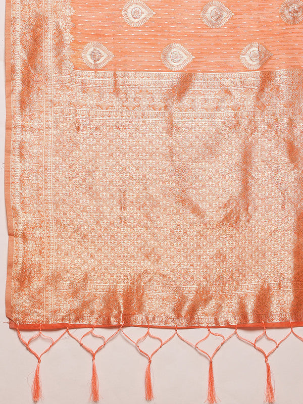 Peach Linen Woven Thread Floral Saree with Unstitched Blouse - Hiral Fashion | Swadesiicart