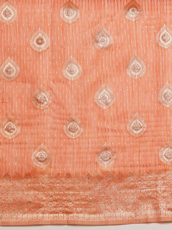 Peach Linen Woven Thread Floral Saree with Unstitched Blouse - Hiral Fashion | Swadesiicart