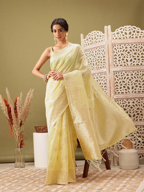 Yellow Linen Woven Thread Floral Saree with Unstitched Blouse - Hiral Fashion | Swadesiicart