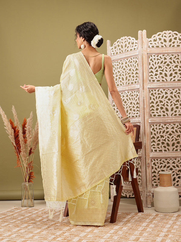 Yellow Linen Woven Thread Floral Saree with Unstitched Blouse - Hiral Fashion | Swadesiicart
