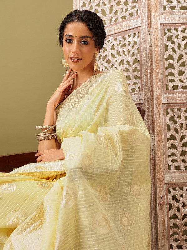 Yellow Linen Woven Thread Floral Saree with Unstitched Blouse - Hiral Fashion | Swadesiicart