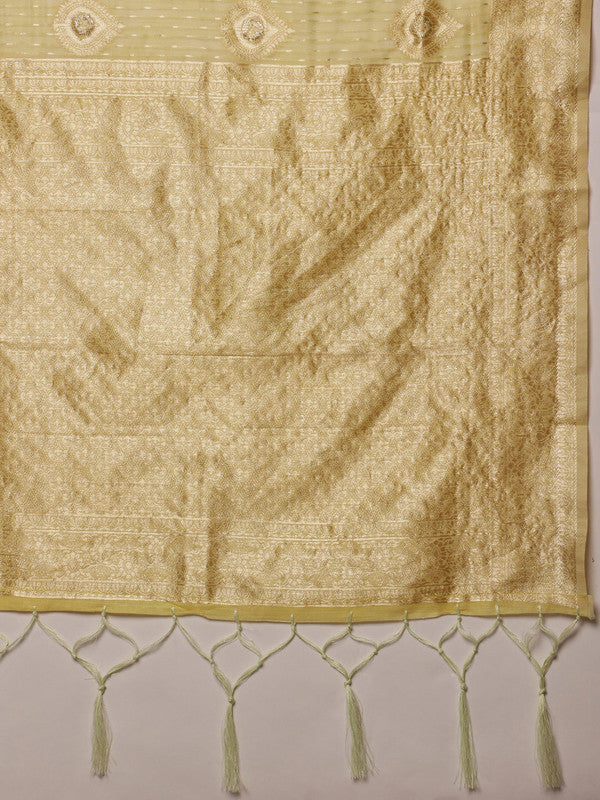 Yellow Linen Woven Thread Floral Saree with Unstitched Blouse - Hiral Fashion | Swadesiicart
