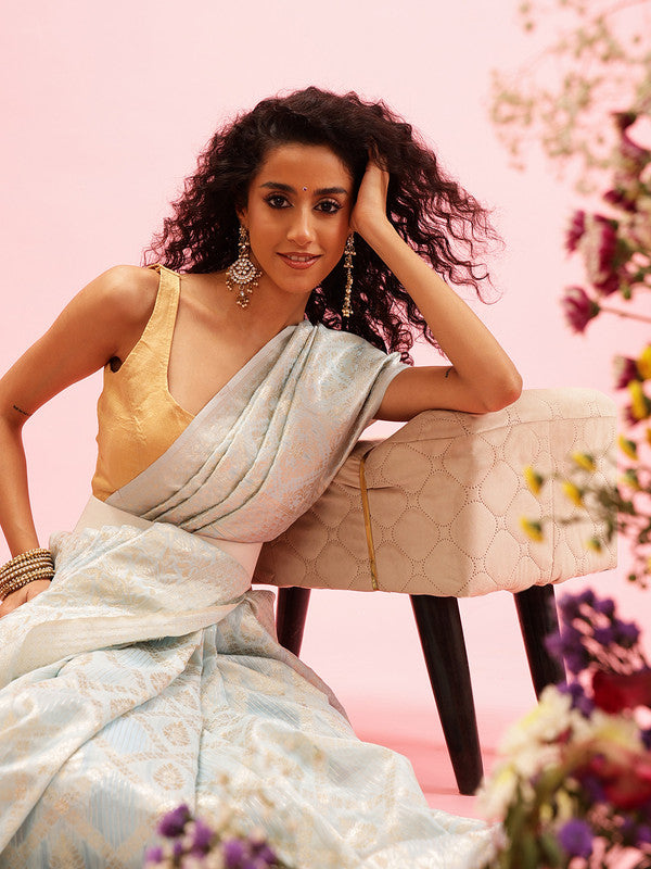 Blue Linen Woven Thread Geomatric Saree with Unstitched Blouse - Hiral Fashion | Swadesiicart