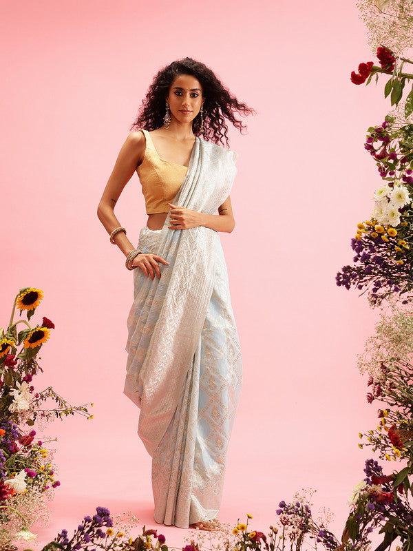 Blue Linen Woven Thread Geomatric Saree with Unstitched Blouse - Hiral Fashion | Swadesiicart