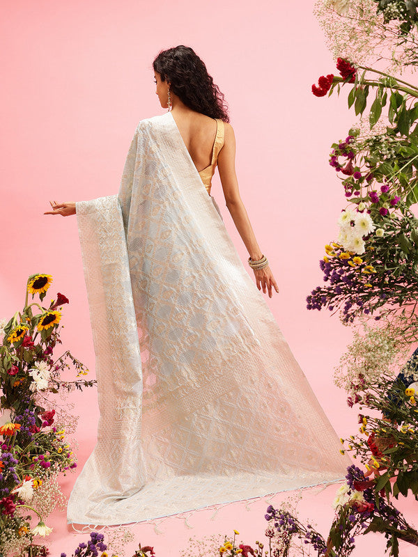 Blue Linen Woven Thread Geomatric Saree with Unstitched Blouse - Hiral Fashion | Swadesiicart