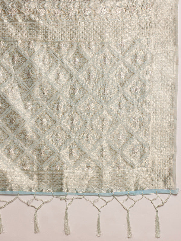 Blue Linen Woven Thread Geomatric Saree with Unstitched Blouse - Hiral Fashion | Swadesiicart