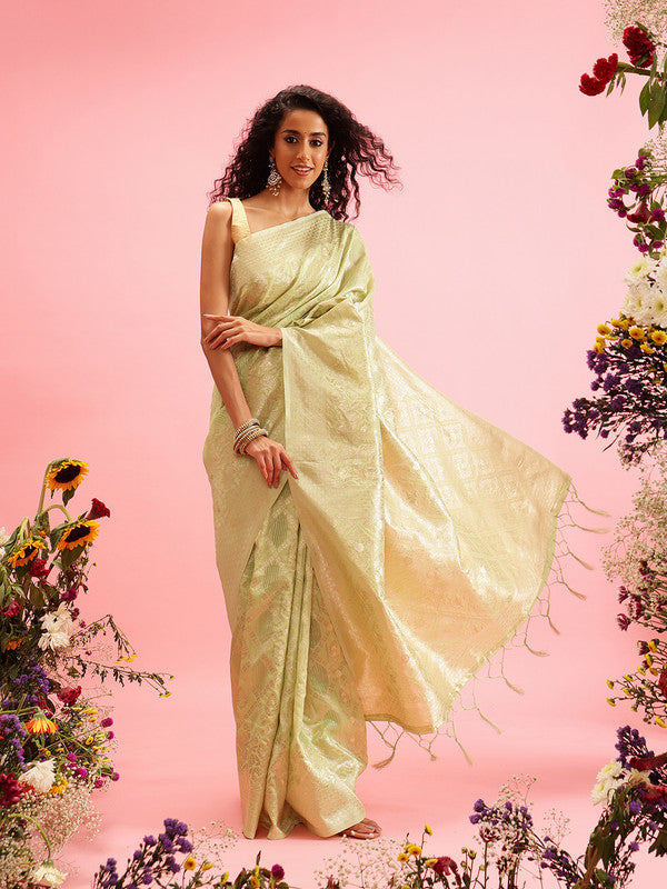 Green Linen Woven Thread Geomatric Saree with Unstitched Blouse - Hiral Fashion | Swadesiicart