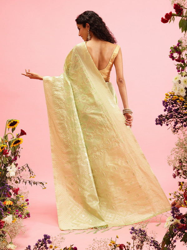 Green Linen Woven Thread Geomatric Saree with Unstitched Blouse - Hiral Fashion | Swadesiicart