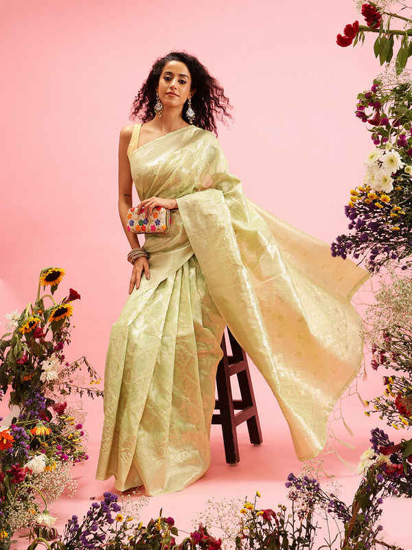 Green Linen Woven Thread Geomatric Saree with Unstitched Blouse - Hiral Fashion | Swadesiicart
