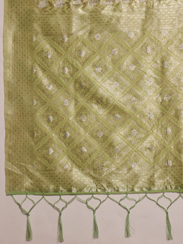 Green Linen Woven Thread Geomatric Saree with Unstitched Blouse - Hiral Fashion | Swadesiicart