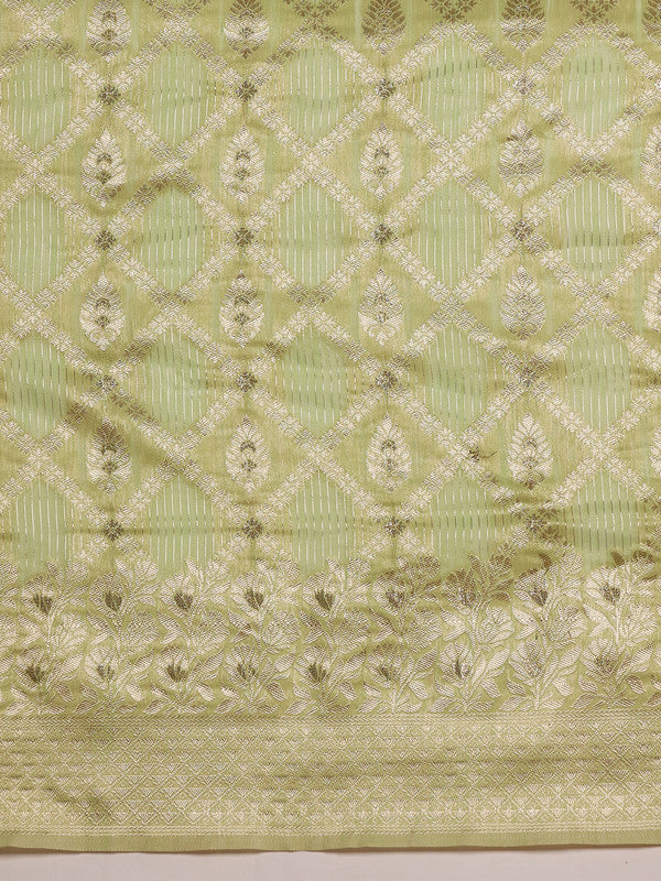 Green Linen Woven Thread Geomatric Saree with Unstitched Blouse - Hiral Fashion | Swadesiicart