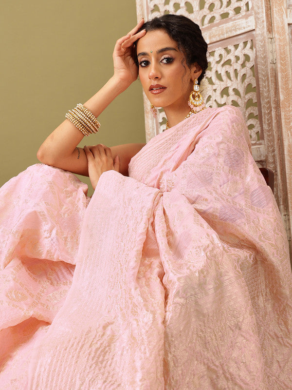 Light Pink Linen Woven Thread Geomatric Saree with Unstitched Blouse - Hiral Fashion | Swadesiicart
