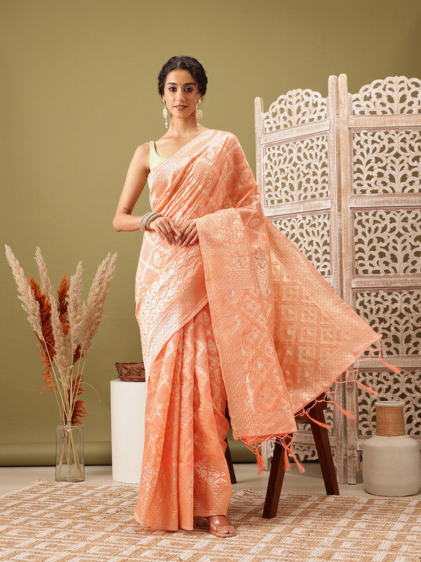 Peach Linen Woven Thread Geomatric Saree with Unstitched Blouse - Hiral Fashion | Swadesiicart
