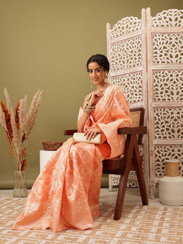Peach Linen Woven Thread Geomatric Saree with Unstitched Blouse - Hiral Fashion | Swadesiicart