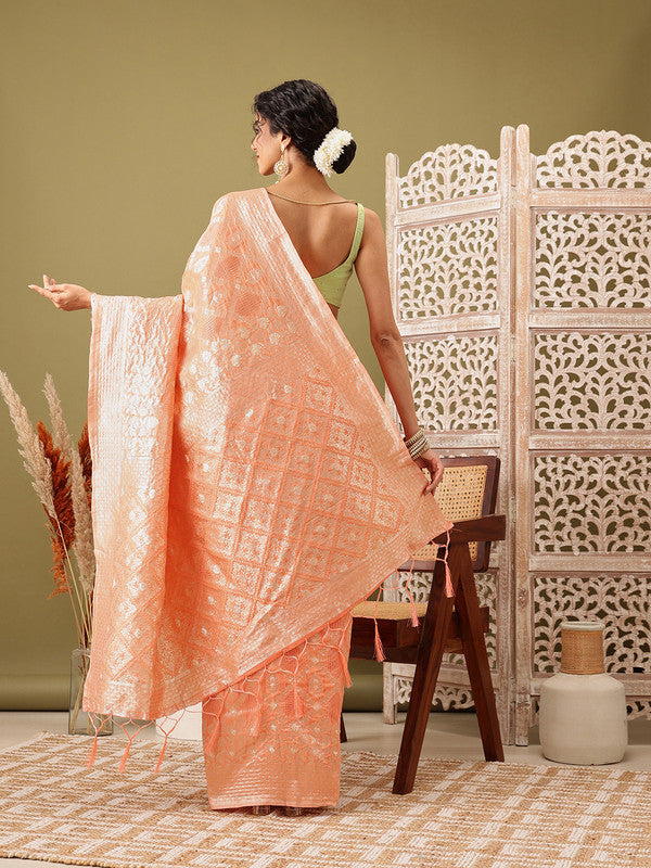 Peach Linen Woven Thread Geomatric Saree with Unstitched Blouse - Hiral Fashion | Swadesiicart