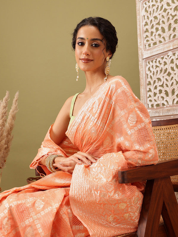 Peach Linen Woven Thread Geomatric Saree with Unstitched Blouse - Hiral Fashion | Swadesiicart