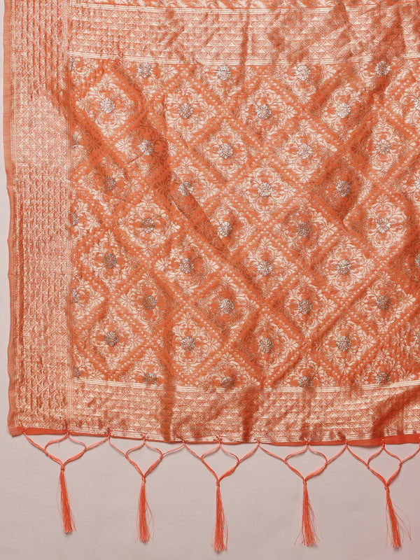 Peach Linen Woven Thread Geomatric Saree with Unstitched Blouse - Hiral Fashion | Swadesiicart