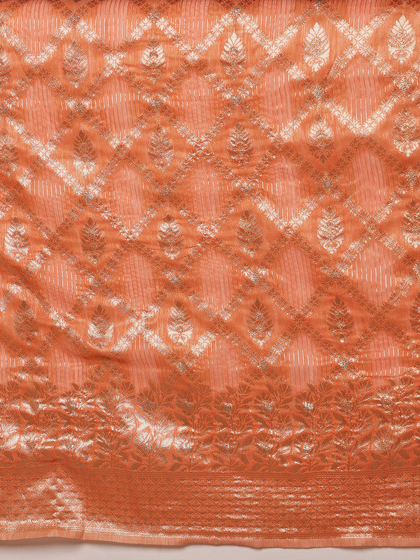 Peach Linen Woven Thread Geomatric Saree with Unstitched Blouse - Hiral Fashion | Swadesiicart