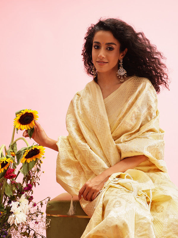 Yellow Linen Woven Thread Geomatric Saree with Unstitched Blouse - Hiral Fashion | Swadesiicart