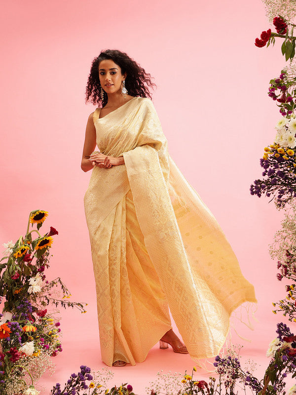 Yellow Linen Woven Thread Geomatric Saree with Unstitched Blouse - Hiral Fashion | Swadesiicart