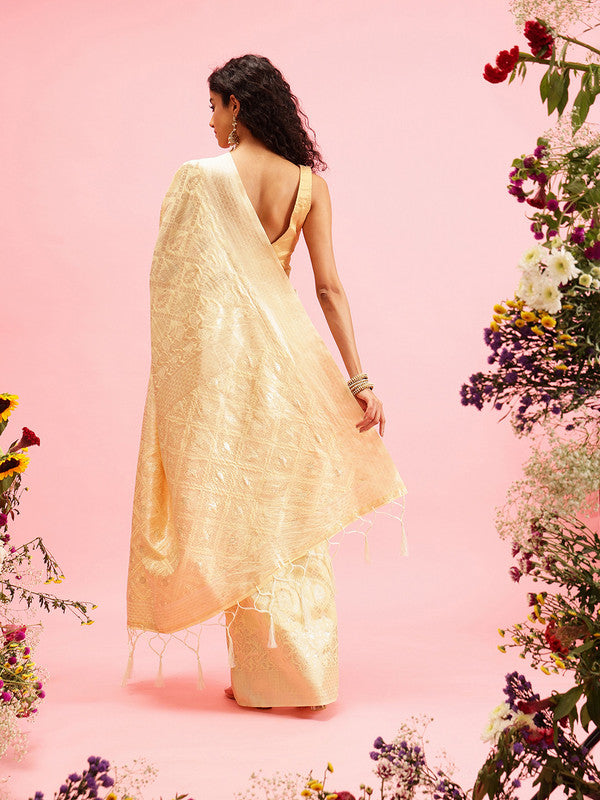 Yellow Linen Woven Thread Geomatric Saree with Unstitched Blouse - Hiral Fashion | Swadesiicart