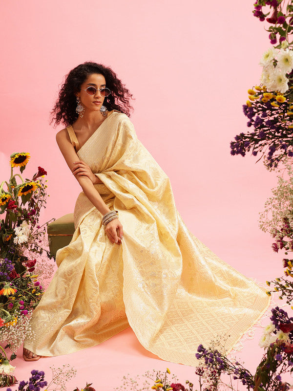 Yellow Linen Woven Thread Geomatric Saree with Unstitched Blouse - Hiral Fashion | Swadesiicart