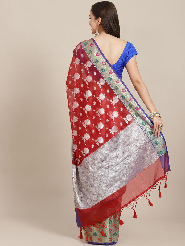 Red Art Silk Woven Zari Design Floral Saree with Unstitched Blouse - Hiral Fashion | Swadesiicart