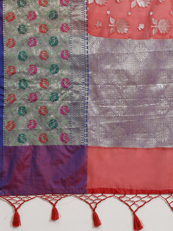 Red Art Silk Woven Zari Design Floral Saree with Unstitched Blouse - Hiral Fashion | Swadesiicart