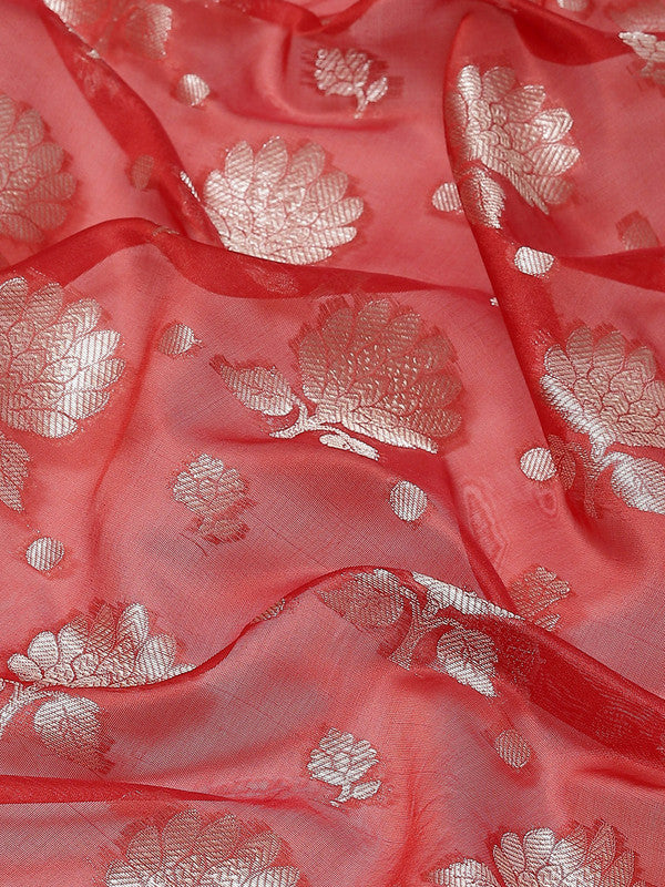 Red Art Silk Woven Zari Design Floral Saree with Unstitched Blouse - Hiral Fashion | Swadesiicart