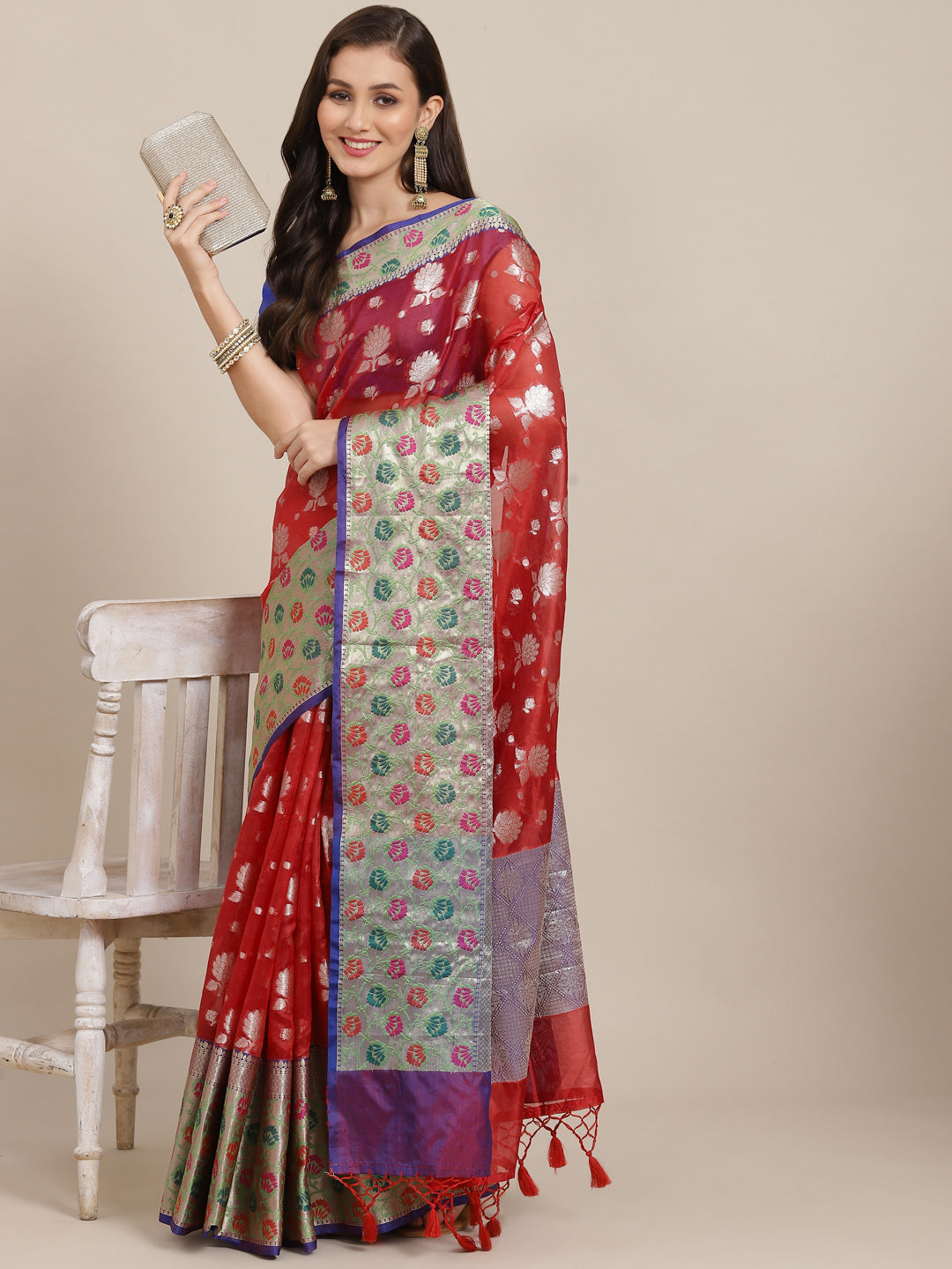 Red Art Silk Woven Zari Design Floral Saree with Unstitched Blouse - Hiral Fashion | Swadesiicart