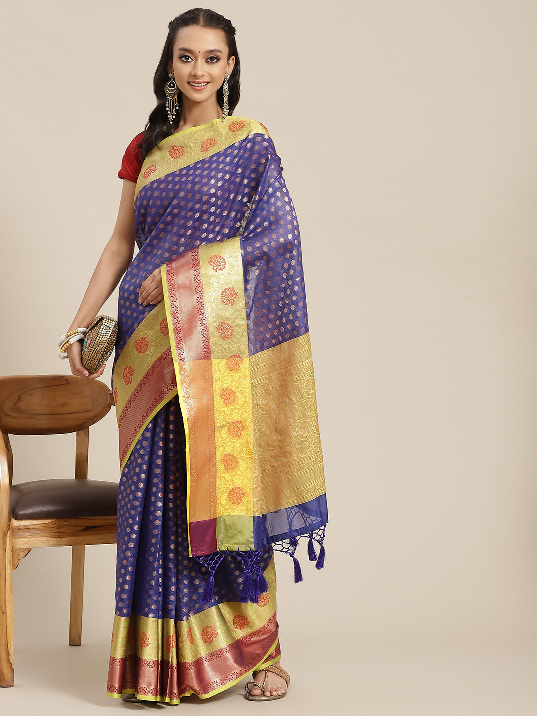 Hiral Fashion Navy Blue Kanjeevaram Art Silk Woven Design Saree | Swadesiicart