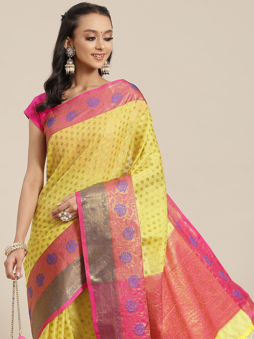 Hiral Fashion Yellow Kanjeevaram Art Silk Woven Design Saree | Swadesiicart