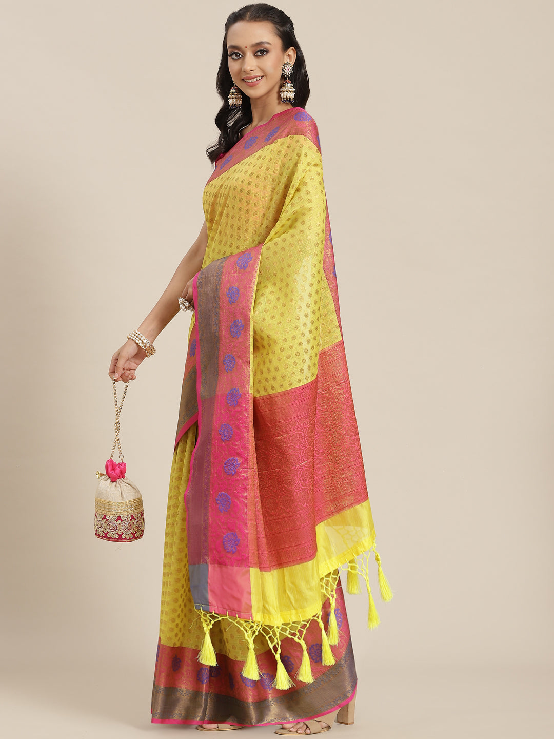 Hiral Fashion Yellow Kanjeevaram Art Silk Woven Design Saree | Swadesiicart